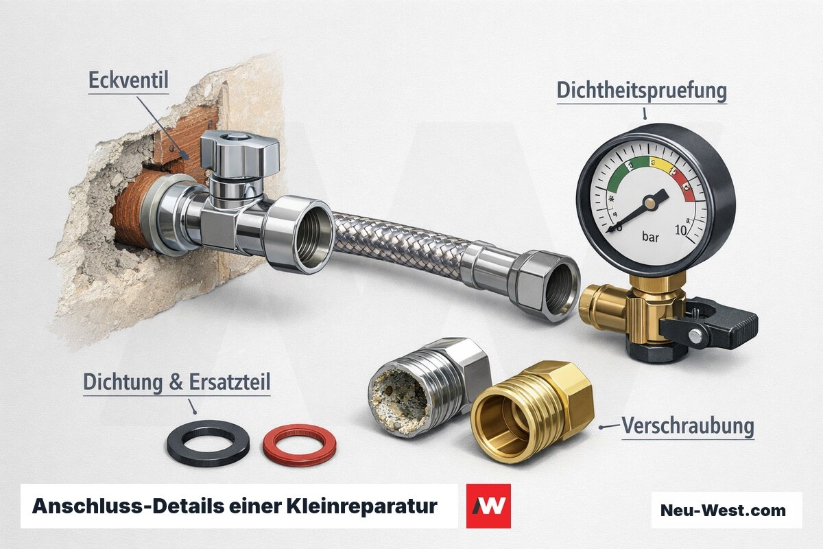 Querschnitt eines Wasseranschlusses mit Eckventil, Dichtungen, Verschraubung und Manometer zur Dichtheitsprüfung, mit Verkalkung im Vergleich.