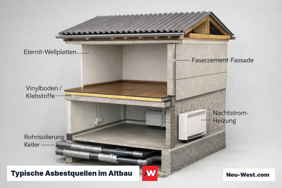 Querschnitt eines Altbaus zeigt häufige Asbest-Fundorte in Dach, Fassade, Boden und Keller.
