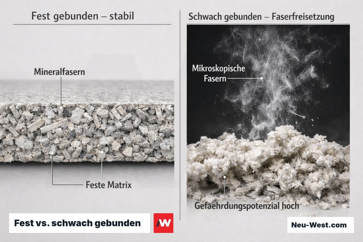 Vergleich: intakter Faserzement links, bröselndes schwach gebundenes Asbestmaterial mit freien Fasern rechts.