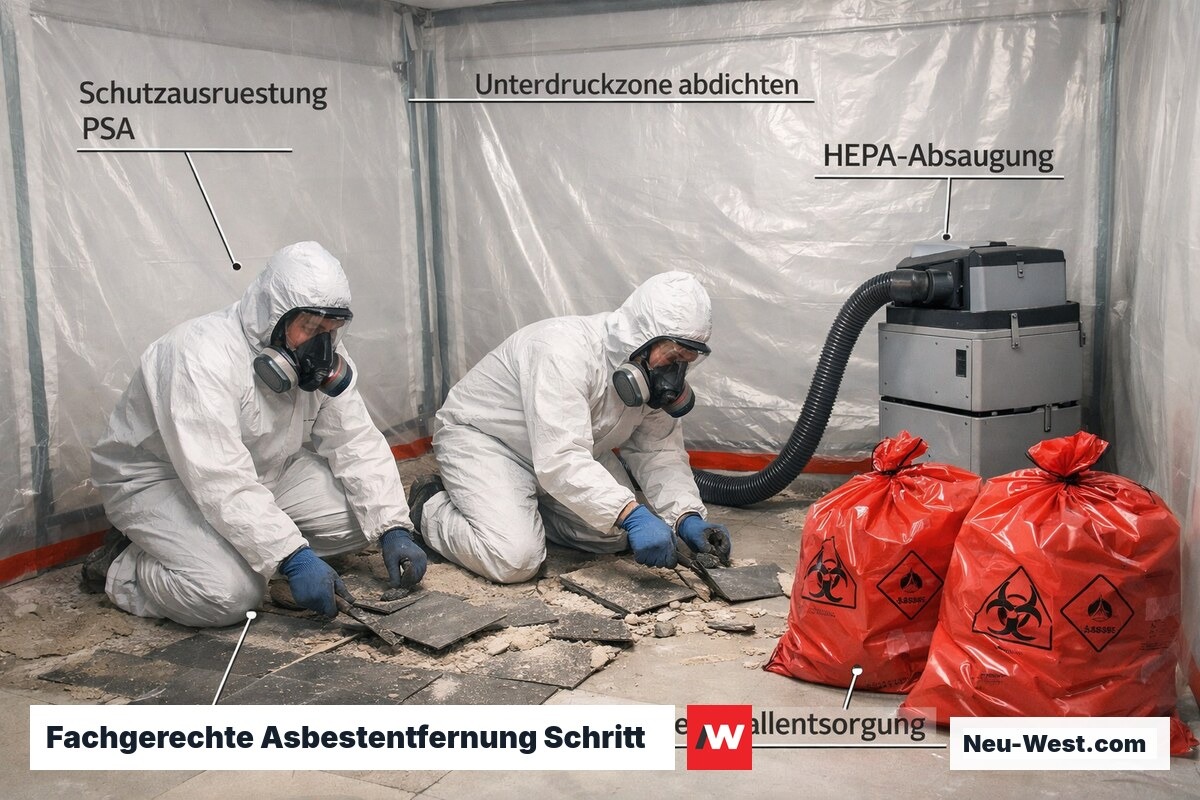 Facharbeiter in Schutzanzügen entfernen Asbestmaterial in einer abgeschotteten Unterdruckkammer mit HEPA-Absaugung.