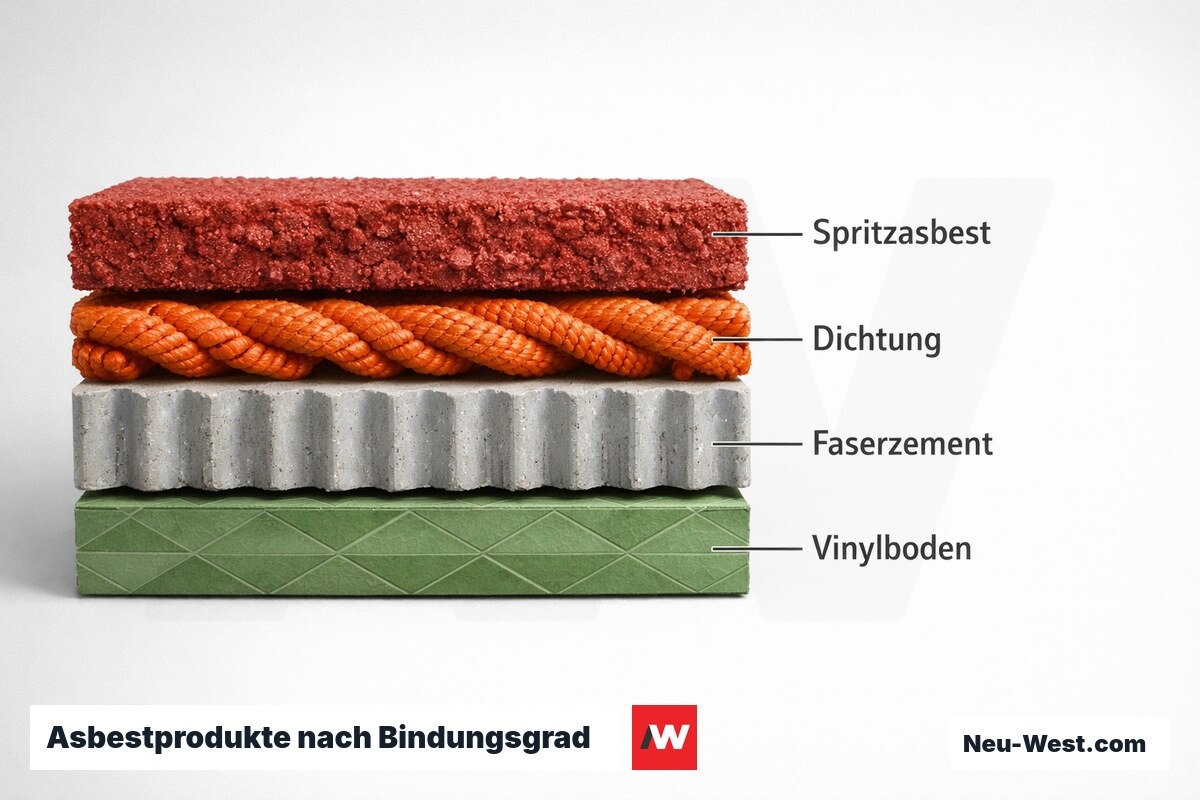 Asbestprodukte nach Bindungsgrad und Risikoklasse – Erklär-Grafik (NEUWEST Berlin)