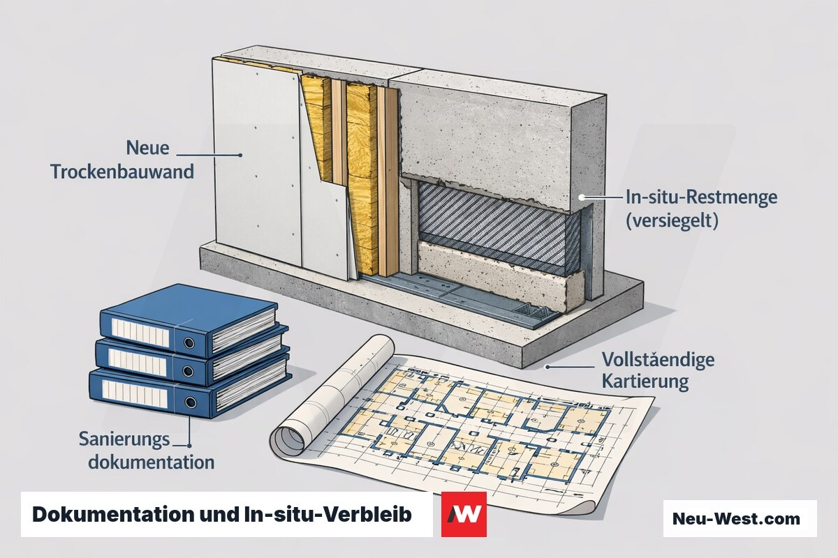 Gebäude-Querschnitt: sanierte Wand, versiegelte Asbest-Restmenge, vollständige Kartierung und Sanierungsdokumentation als Haftungsnachweis.