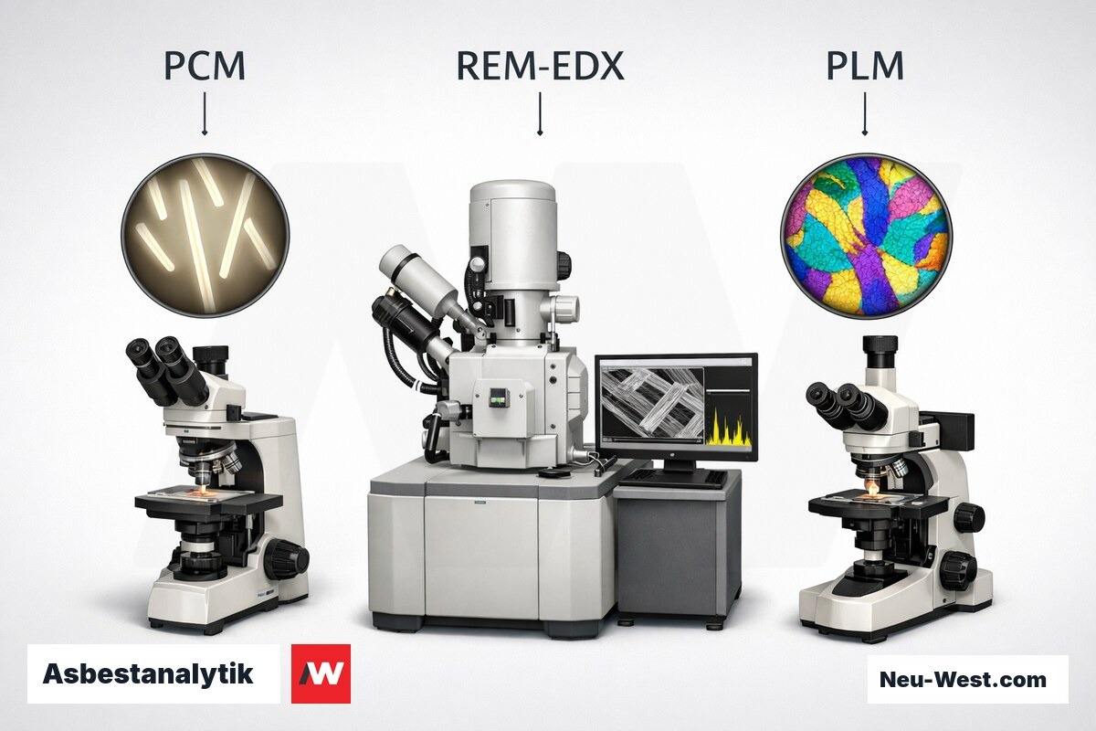 Asbestanalytik: PCM vs. REM/EDX vs. PLM – Erklär-Grafik (NEUWEST Berlin)
