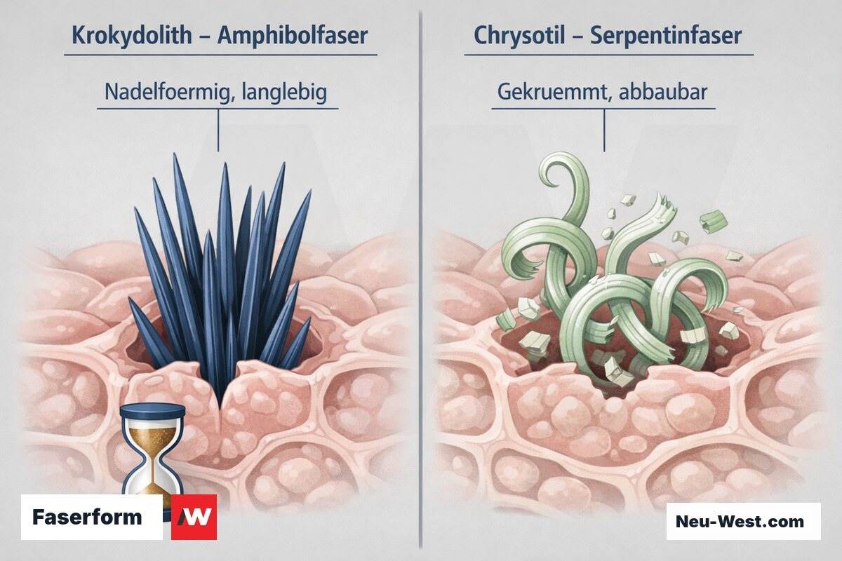 Vergleichsgrafik: gerade langlebige Amphibolfasern gegen gekrümmte, abbaubare Chrysotilfasern im Lungengewebe.