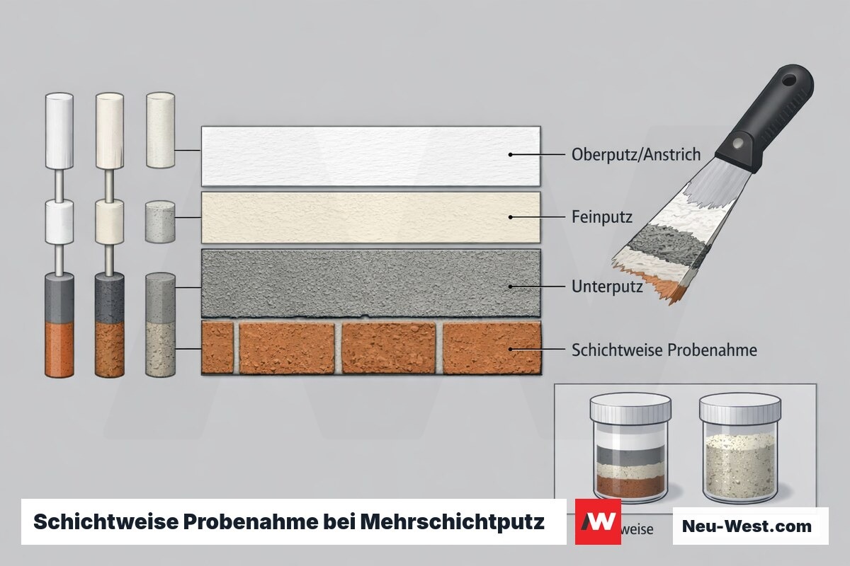 Querschnitt eines Mehrschichtputzes mit korrekter schichtweiser Probenahme gegenüber falschem Gesamtabstreicher, der asbesthaltige Lagen verdünnt.