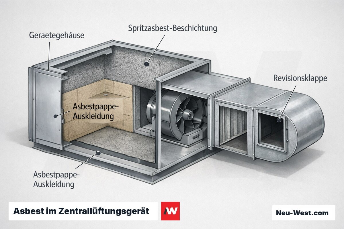 Cutaway eines demontierten Zentrallüftungsgeräts mit Spritzasbest und Asbestpappe als raumseitige Gehäuse-Auskleidung und offener Revisionsklappe.