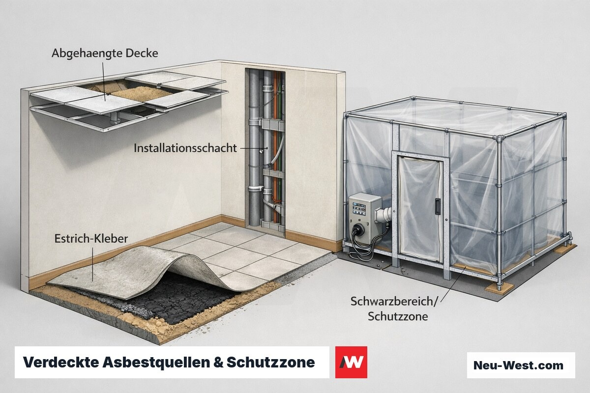 Gebäude-Querschnitt zeigt verdeckten Asbest hinter abgehängter Decke, im Installationsschacht und unter Estrich sowie die abgeschottete Schutzzone als Festkostenblock.