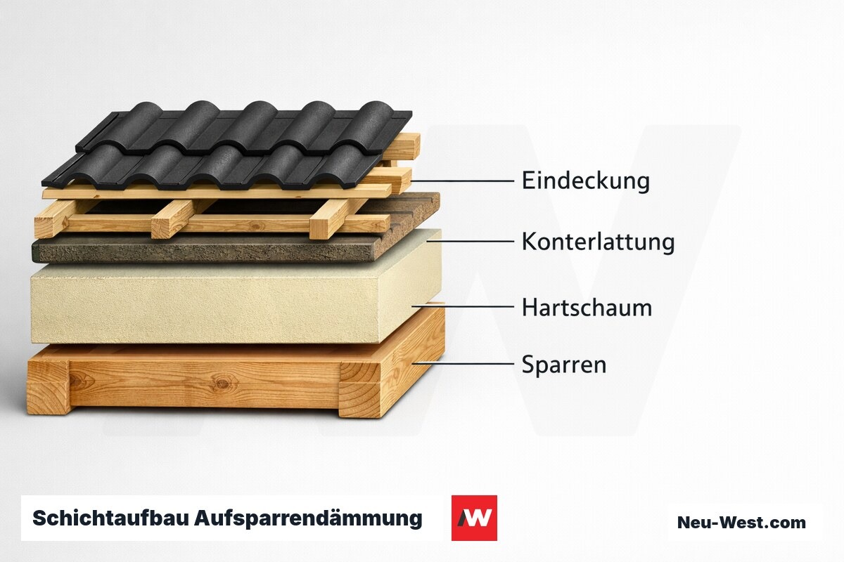 Schichtaufbau Aufsparrendämmung: Warmdach-Konstruktion mit PIR – Erklär-Grafik (NEUWEST Berlin)