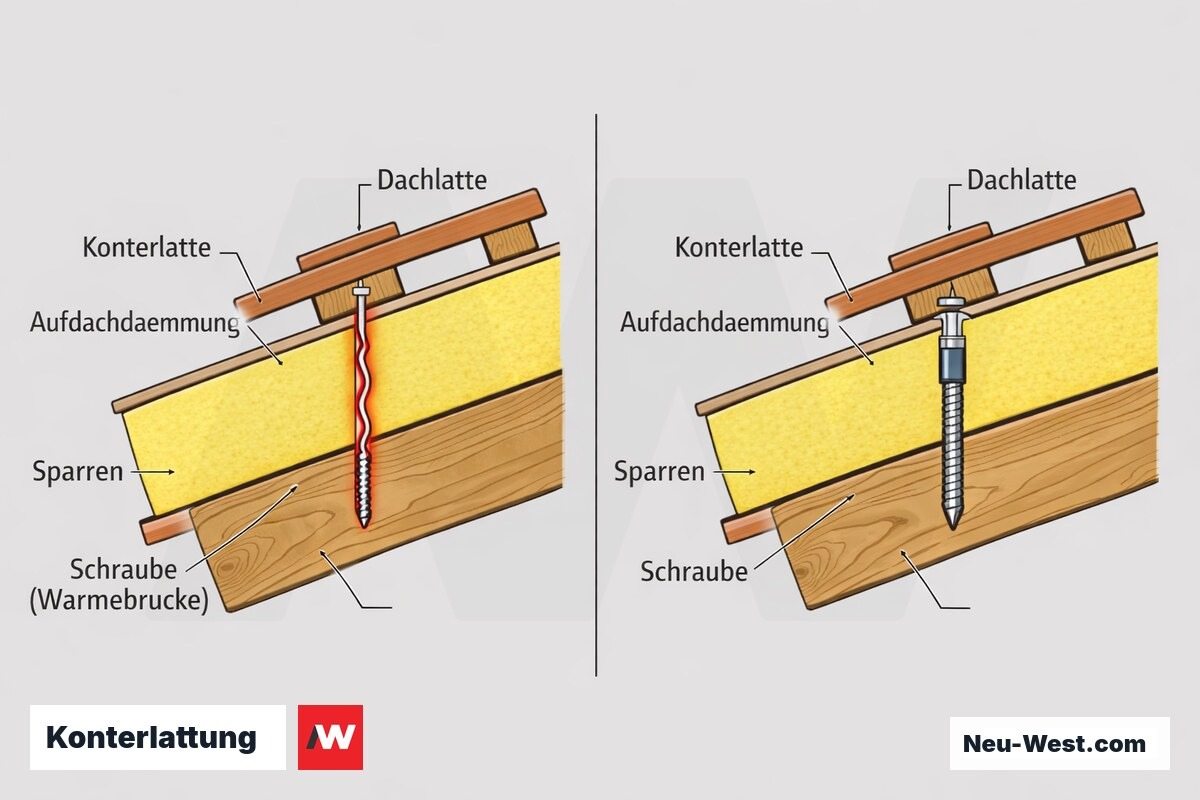 Querschnitt Dachaufbau: Befestigung der Konterlattung – Schraube als Wärmebrücke durch die Dämmung gegenüber korrekter Verankerung im Sparren.