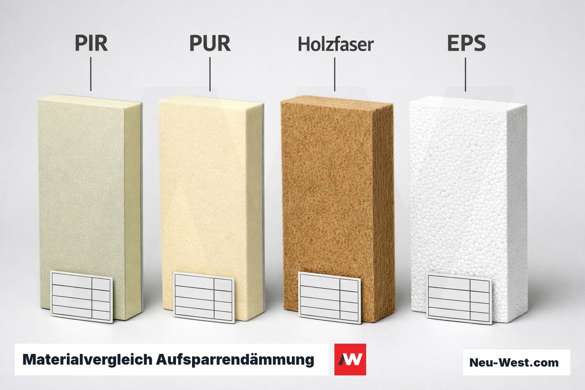 Materialvergleich Aufsparrendämmung: lambda, mu und Brandklasse – Erklär-Grafik (NEUWEST Berlin)
