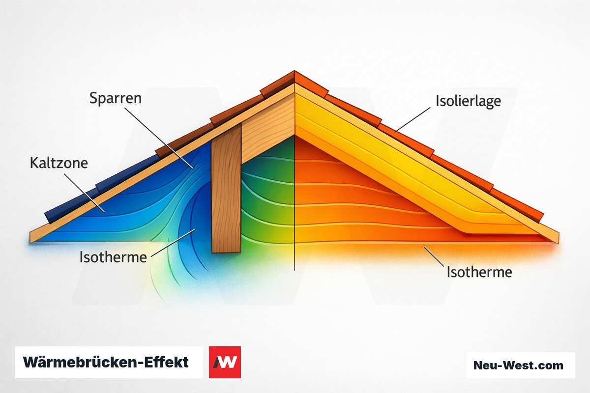 Wärmebrücken-Effekt: Sparren als thermische Schwachstelle im Dachquerschnitt – Erklär-Grafik (NEUWEST Berlin)