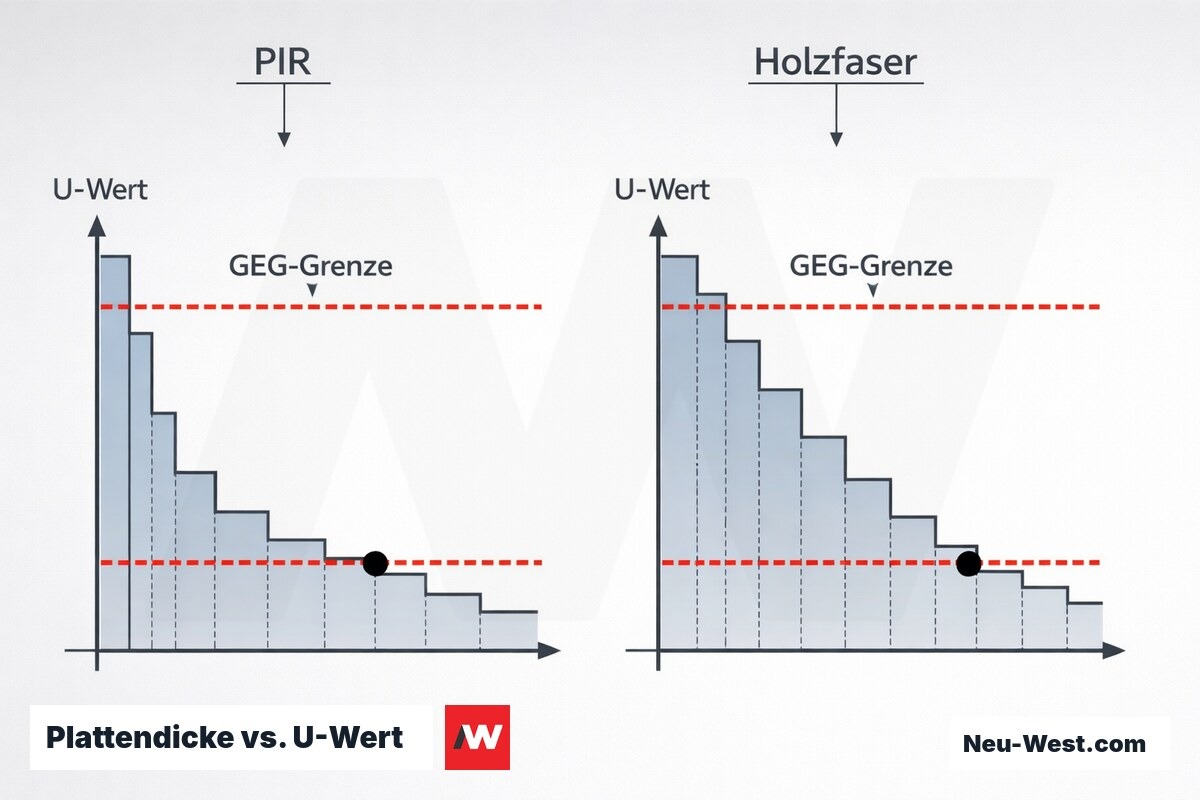 Plattendicke vs. U-Wert: PIR und Holzfaser im Vergleich zum GEG-Zielwert 0,14 W/(m²K) – Erklär-Grafik (NEUWEST Berlin)