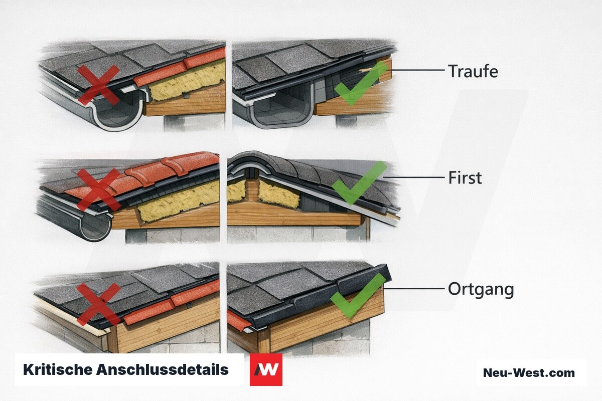 Kritische Anschlussdetails: Traufe, First und Ortgang — Fehler vs. korrekte Ausführung – Erklär-Grafik (NEUWEST Berlin)
