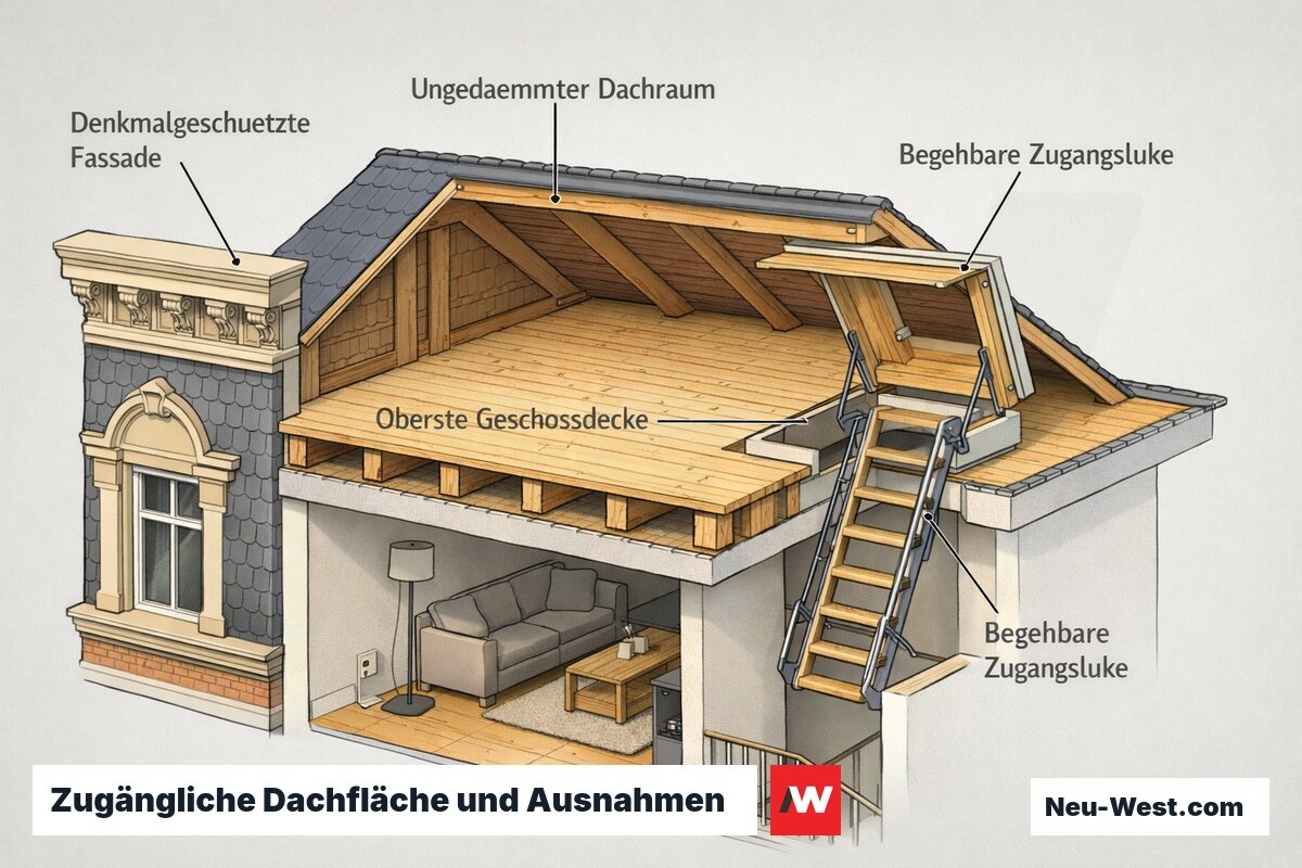 Gebäudequerschnitt mit begehbarer oberster Geschossdecke, Zugangsluke zum ungedämmten Dachraum und denkmalgeschützter Fassade zur GEG-Nachrüstpflicht.