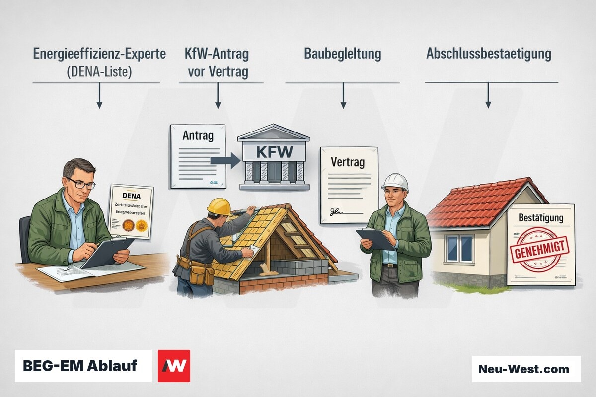 Prozessgrafik zum BEG-EM Dach-Förderablauf: DENA-Experte, KfW-Antrag vor Werkvertrag, Baubegleitung und Abschlussbestätigung in vier Schritten.