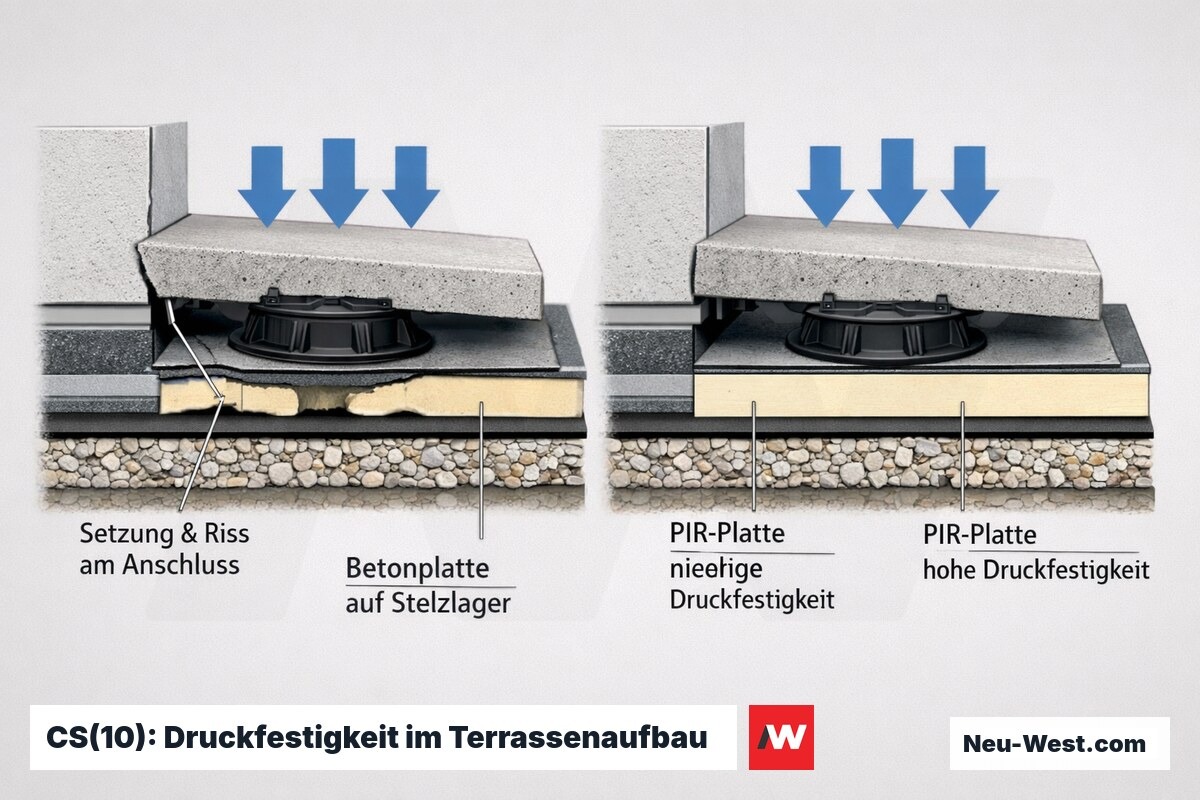 Vergleichs-Querschnitt zweier Terrassenaufbauten: druckschwache PIR-Platte setzt sich mit Riss am Anschluss, druckfeste Platte bleibt stabil unter Plattenlast.
