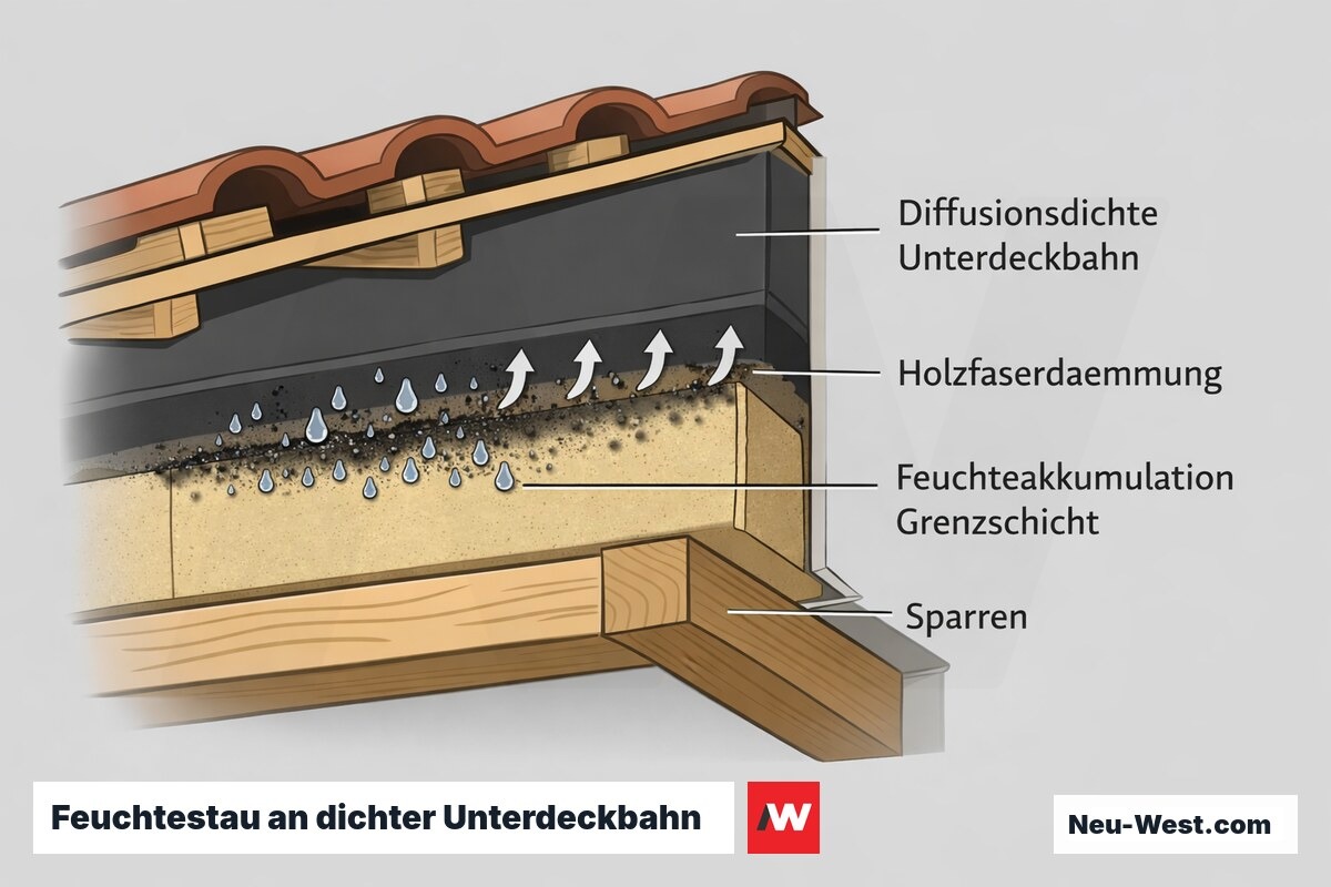 Dachquerschnitt: diffusionsdichte Unterdeckbahn über Holzfaserdämmung staut Feuchtigkeit an der Grenzschicht und blockiert die Austrocknung.