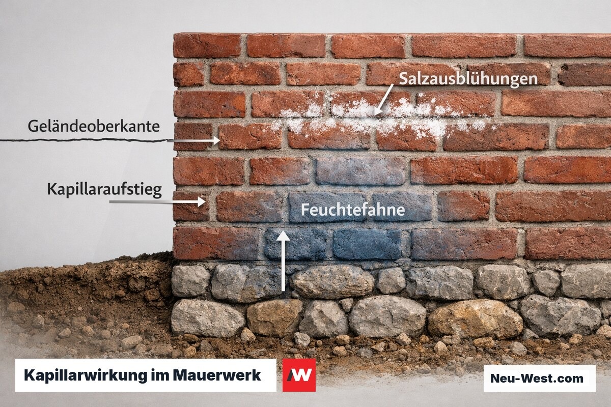 Querschnitt Ziegelmauerwerk mit aufsteigender Feuchtigkeit, Salzausblühungen und Feuchtefahne bis 150 cm über Geländeoberkante