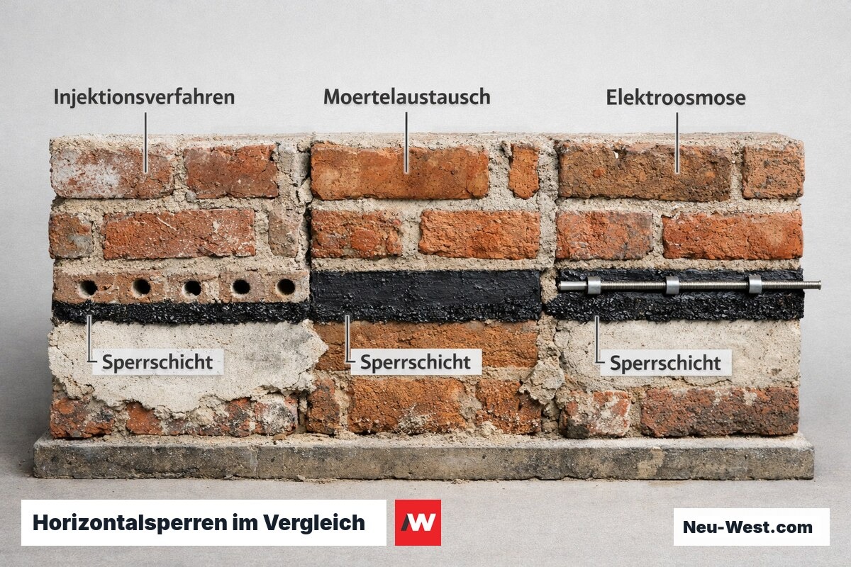 Drei Sanierungsverfahren für Horizontalsperre nebeneinander im Mauerwerksquerschnitt: Injektion, Mörtelaustausch, Elektroosmose