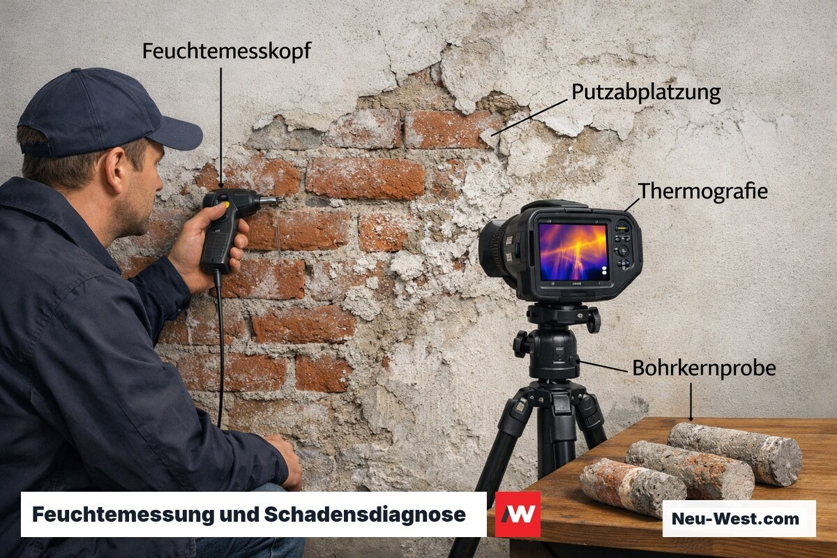 Baufachmann diagnostiziert aufsteigende Feuchtigkeit mit Feuchtemessgerät, Thermografiekamera und Bohrkernentnahme an geschädigter Wand