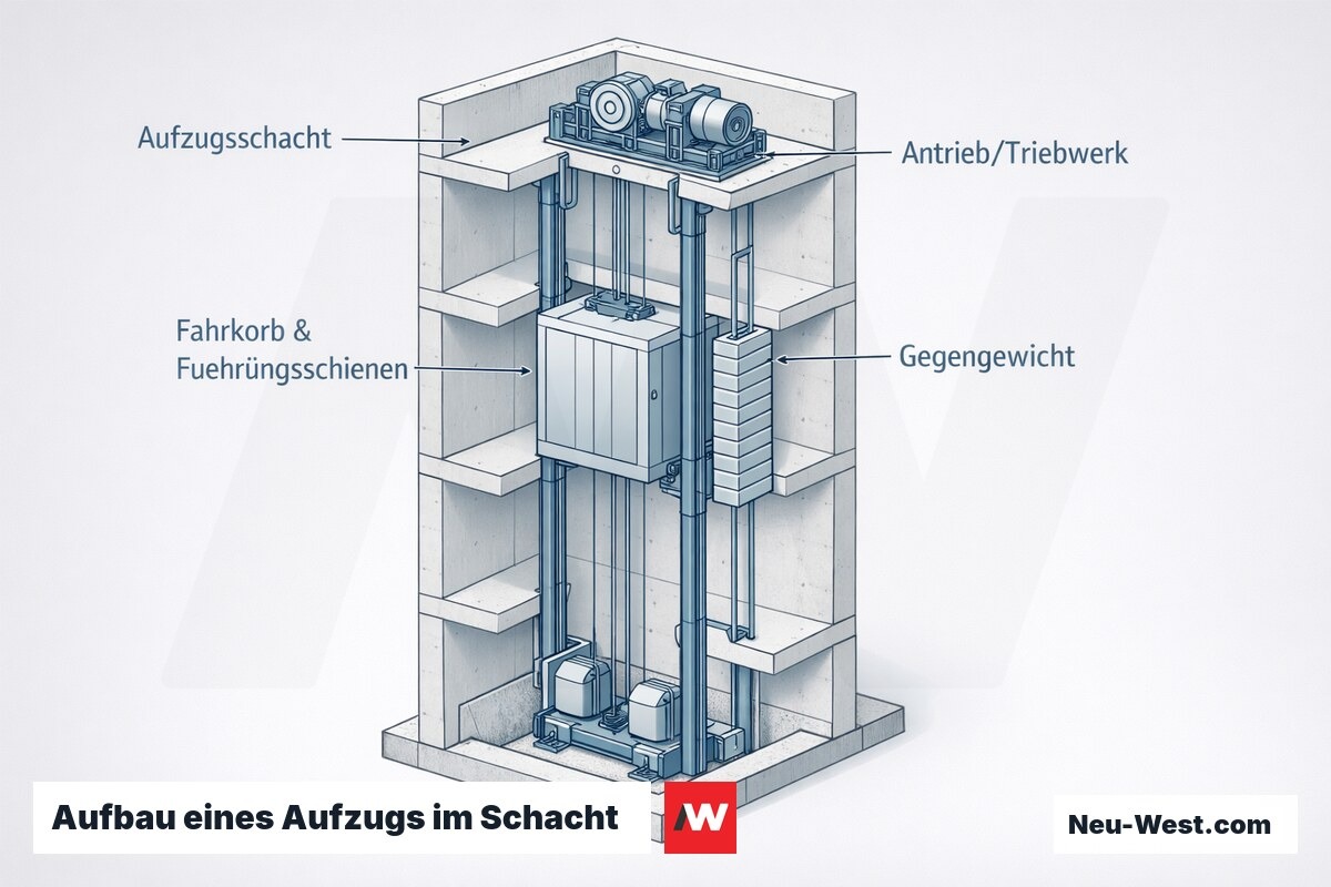 Technischer Querschnitt eines Personenaufzugs im Gebäudeschacht mit Fahrkorb, Führungsschienen, Gegengewicht und Antrieb über mehrere Geschosse.