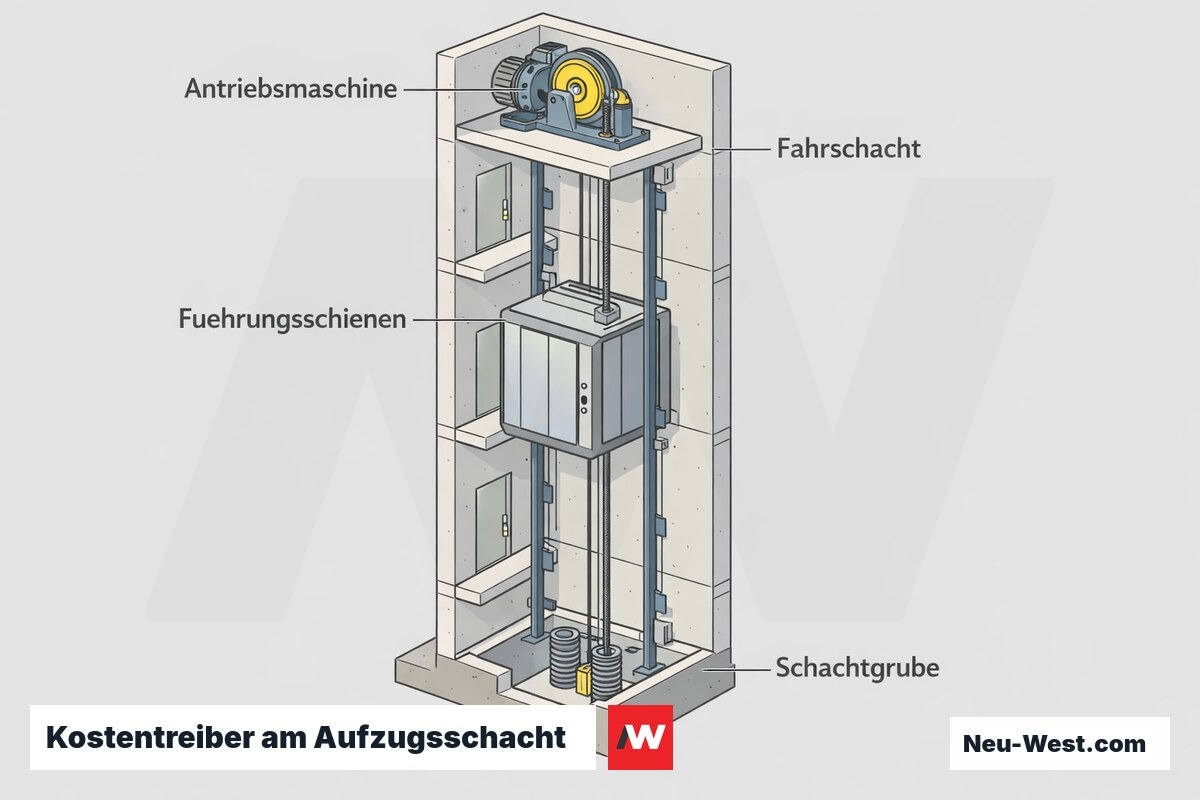Technischer Querschnitt eines Aufzugsschachts mit Antriebsmaschine, Führungsschienen, Fahrkorb und Schachtgrube als kostenbestimmende Bauteile.