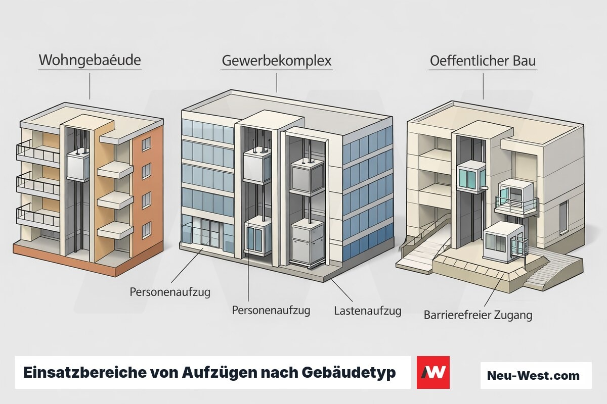 Isometrische Übersichts-Illustration dreier Gebäudetypen – Wohngebäude, Gewerbekomplex und öffentlicher Bau – jeweils mit passendem Aufzugstyp im Schnitt.