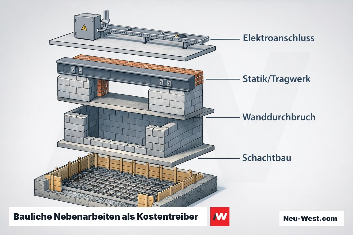 Schichtdiagramm der kostenbestimmenden Nebenarbeiten: Schachtbau, Wanddurchbruch, Statik und Elektroanschluss beim Aufzugseinbau im Bestand.