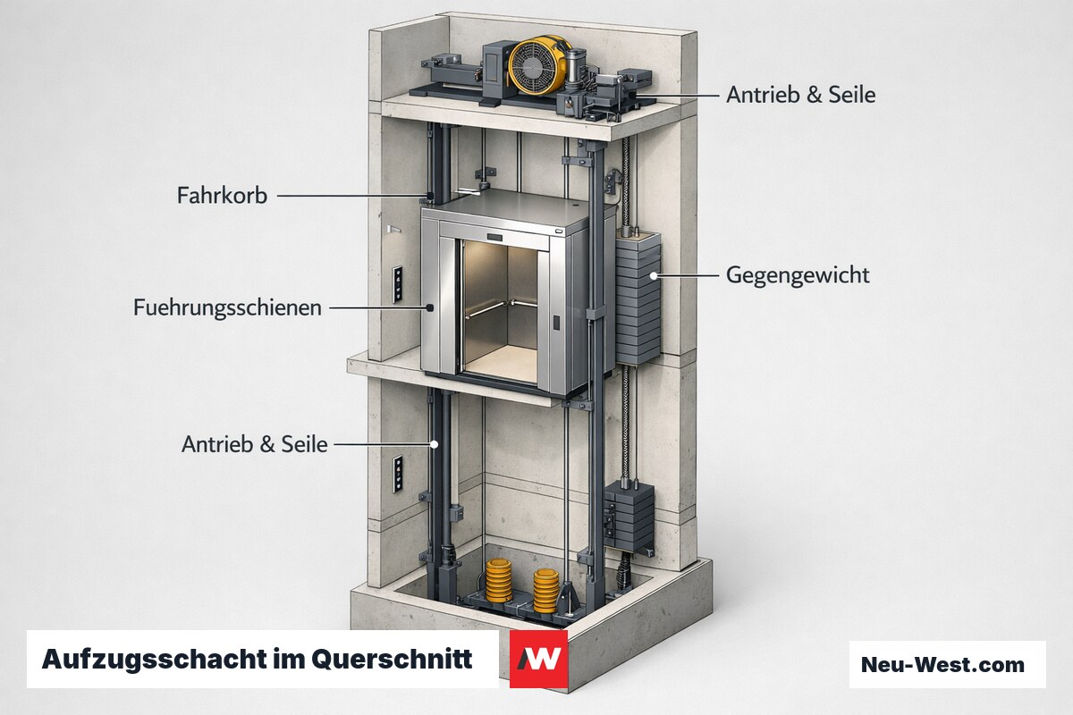 Querschnitt eines Aufzugsschachts über drei Etagen mit Fahrkorb, Führungsschienen, Antrieb, Tragseilen und Gegengewicht.