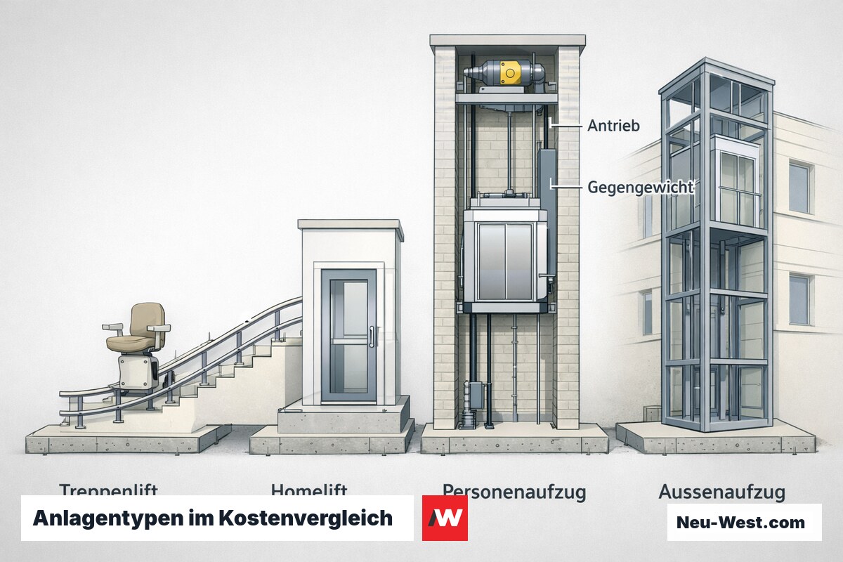 Technischer Querschnitt vergleicht Treppenlift, Homelift, Personenaufzug und Außenaufzug nach Bauaufwand, Schacht und Statik nebeneinander.