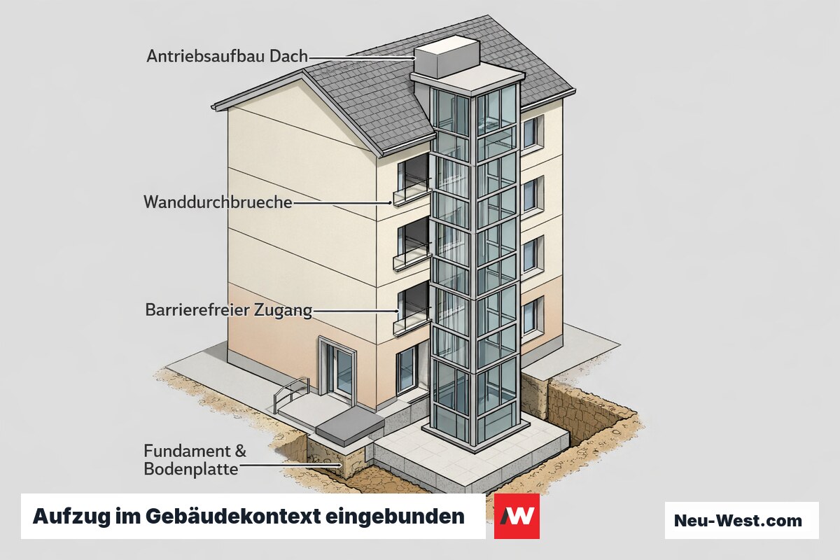 Isometrische Darstellung eines an die Fassade angebauten Aufzugs mit Fundament, Wanddurchbrüchen, barrierefreiem Zugang und Antriebsaufbau am Dach.