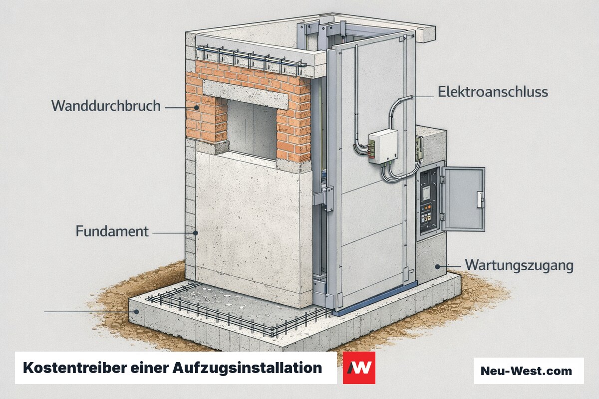 Bautechnischer Querschnitt einer Aufzugsinstallation mit Fundament, Wanddurchbruch, Elektroanschluss und Wartungszugang als kostenrelevante Nebenpositionen.