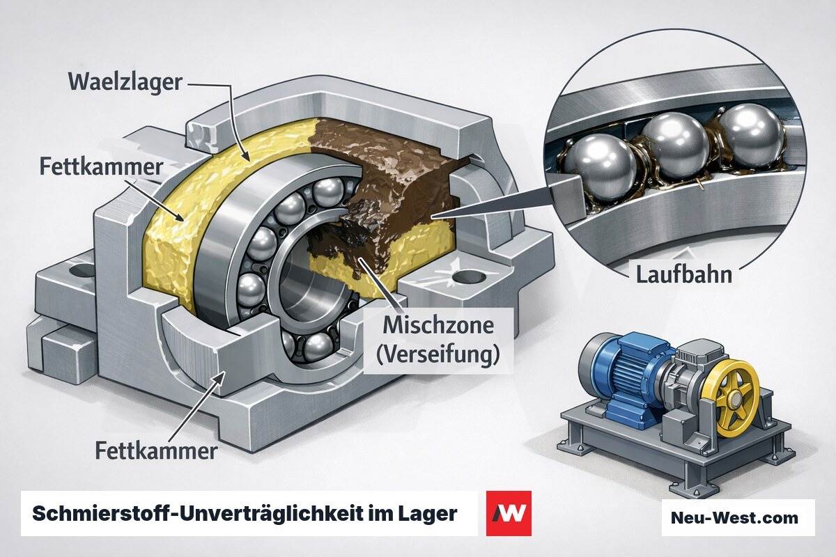 Cutaway eines Aufzugslagers: zwei unverträgliche Fette treffen in der Fettkammer aufeinander und bilden eine verseifte Mischzone an der Laufbahn.