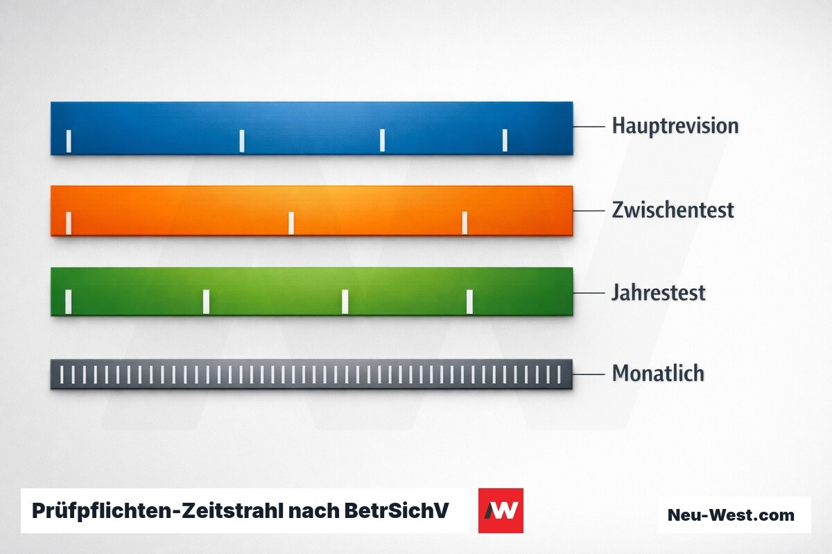 Prüfpflichten-Zeitstrahl nach BetrSichV – Erklär-Grafik (NEUWEST Berlin)