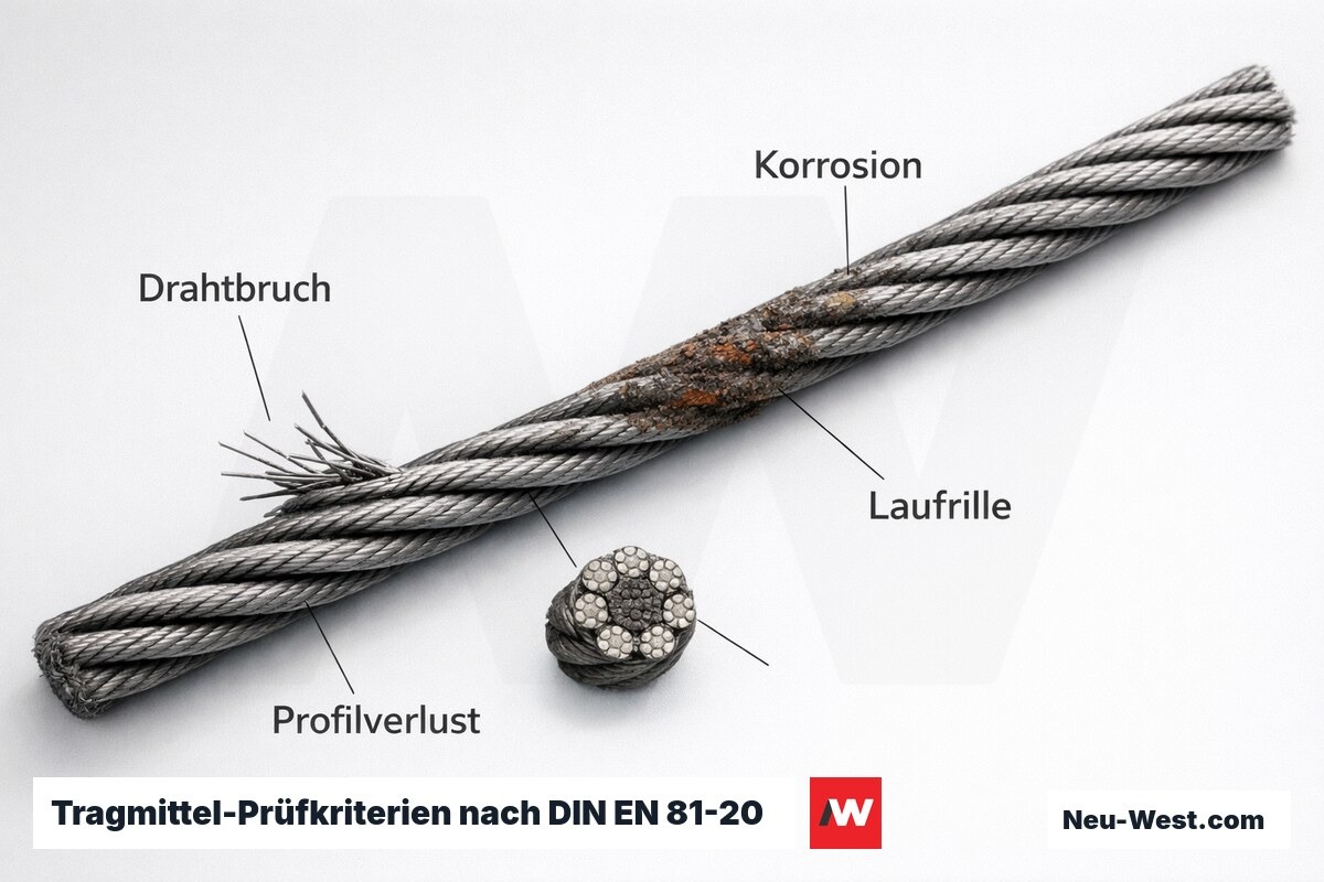 Tragmittel-Prüfkriterien nach DIN EN 81-20 – Erklär-Grafik (NEUWEST Berlin)