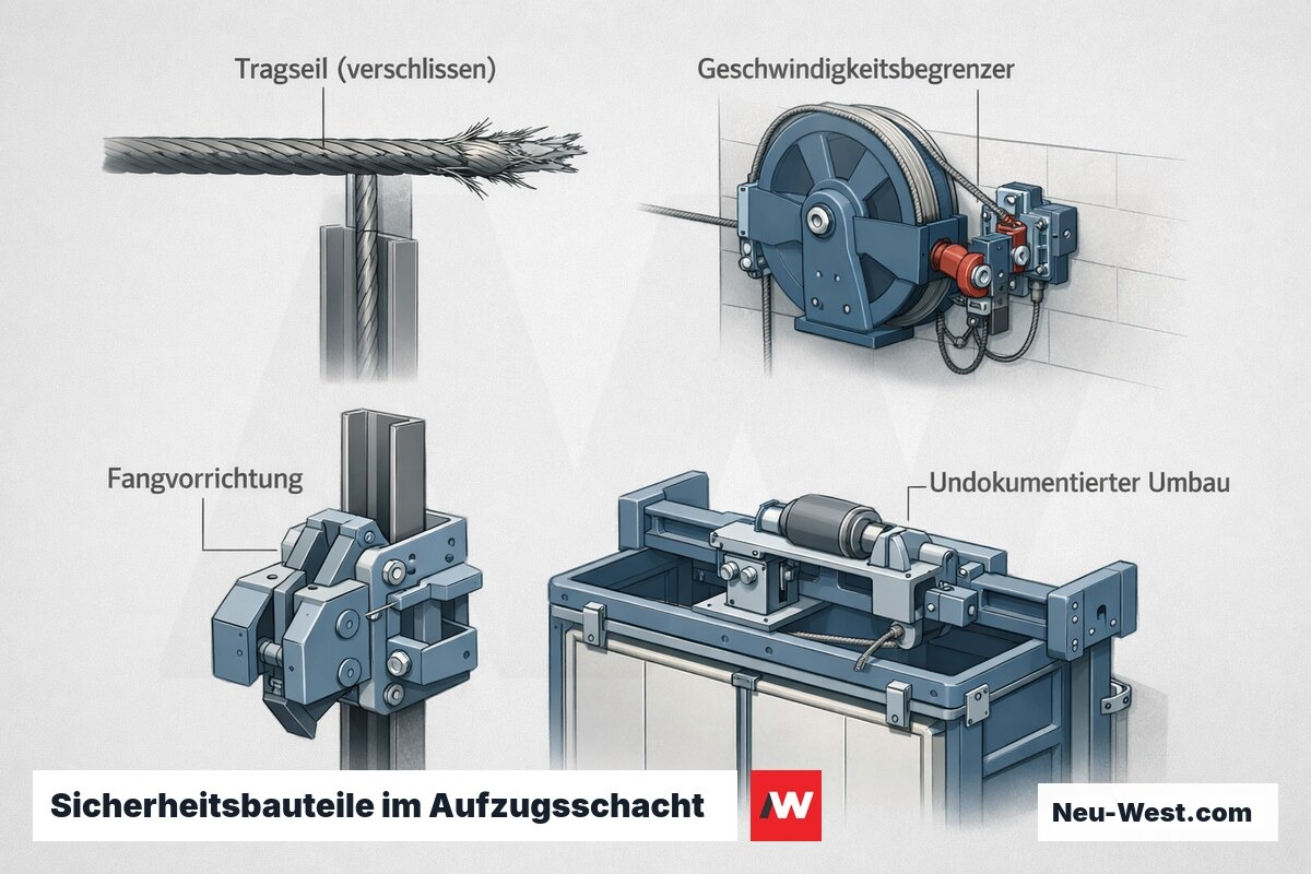 Cutaway eines Aufzugsschachts mit verschlissenem Tragseil, Geschwindigkeitsbegrenzer, Fangvorrichtung und undokumentiertem Umbau als prüfrelevante Bauteile.