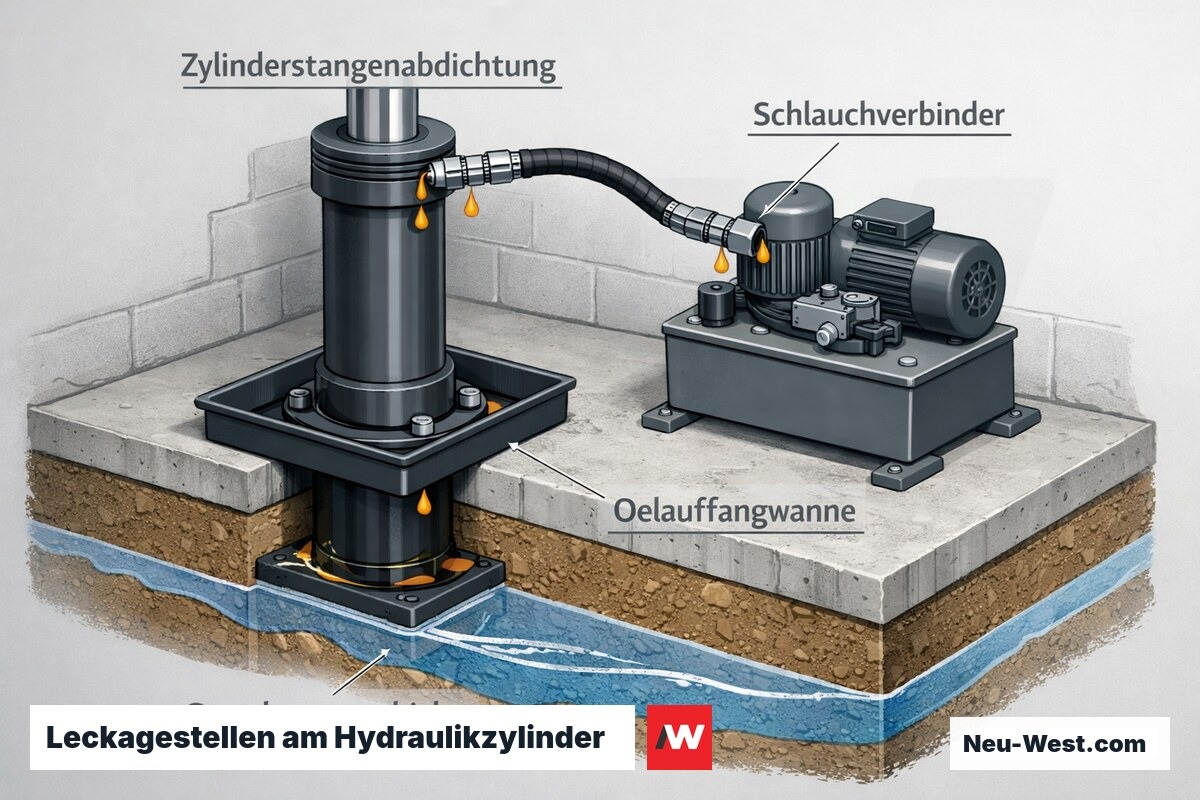 Querschnitt eines Hydraulikaufzug-Zylinders mit Stangenabdichtung, Schlauchverbinder, Ölauffangwanne und Grundwasserschicht zur Umwelthaftung