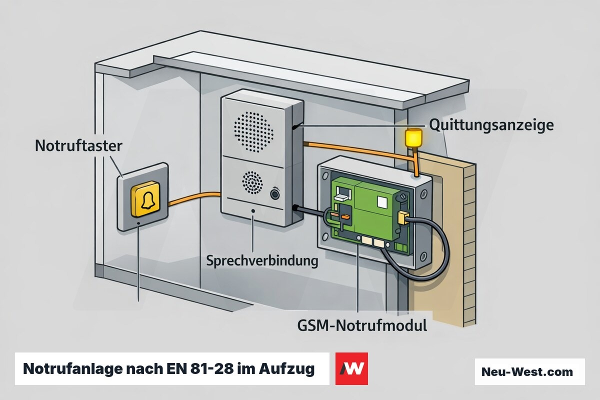Cutaway-Illustration einer Aufzug-Notrufanlage nach EN 81-28 mit Notruftaster, Sprechverbindung, GSM-Modul und Quittungsanzeige.