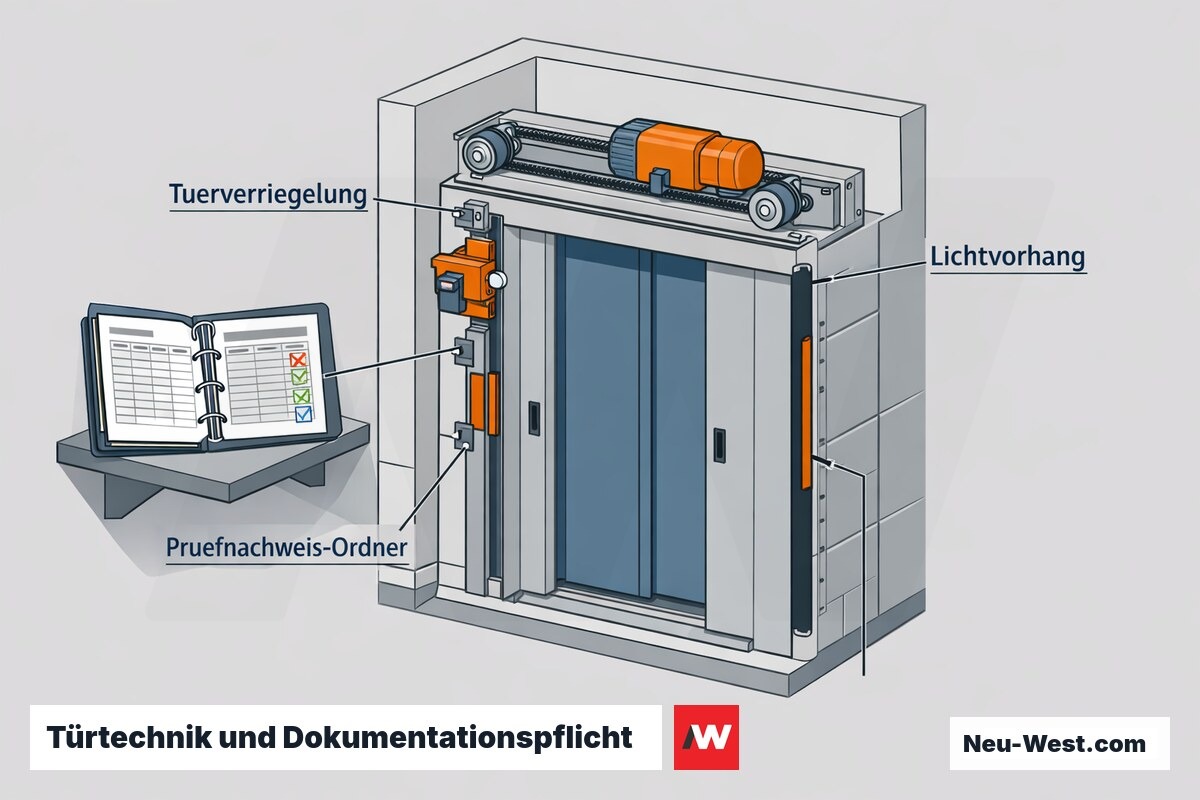 Querschnitt einer Aufzugstür mit Türverriegelung, Türantrieb und Lichtvorhang neben aufgeschlagenem Prüfnachweis-Ordner im Maschinenraum.