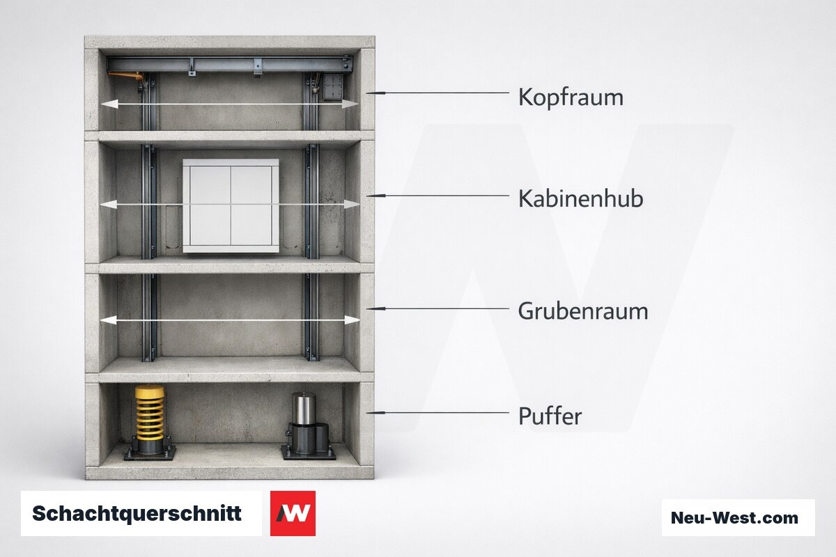 Schachtquerschnitt: Mindestmasse nach EN 81-20/50 – Erklär-Grafik (NEUWEST Berlin)