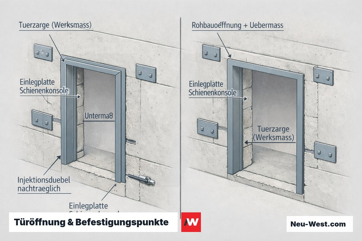 Cutaway-Detail einer Aufzugs-Türöffnung: zu schmale vs. korrekte Rohbauöffnung mit Übermaß, Einlegplatten und nachträglichem Injektionsdübel.