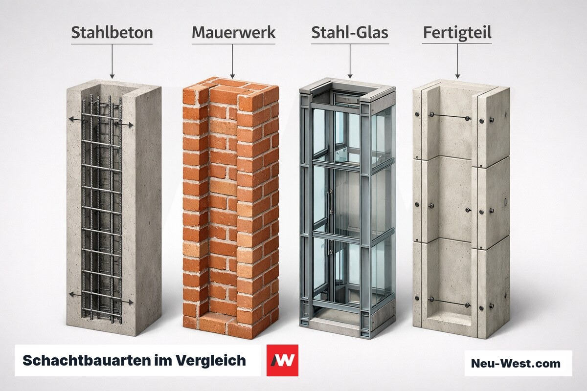 Schachtbauarten im Vergleich: Beton, Mauerwerk, Stahl-Glas, Fertigteil – Erklär-Grafik (NEUWEST Berlin)