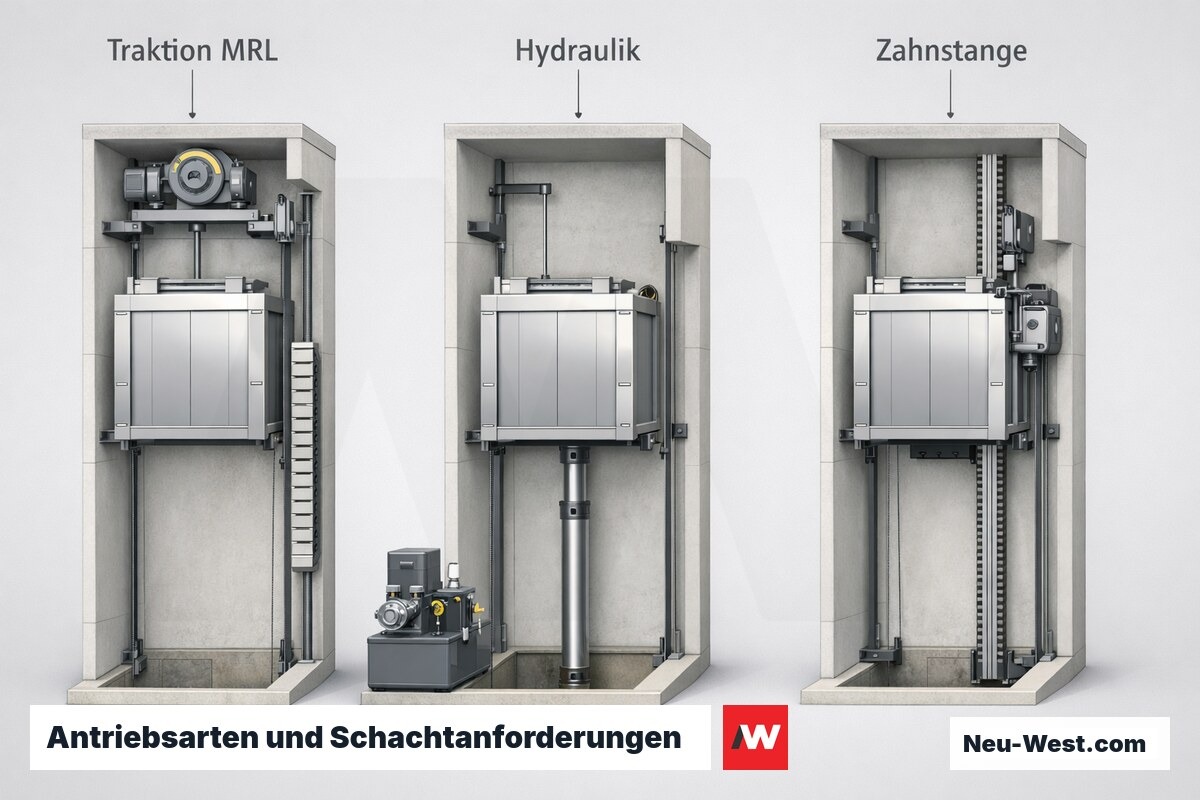 Antriebsarten und Schachtanforderungen: MRL-Traktion, Hydraulik, Zahnstange – Erklär-Grafik (NEUWEST Berlin)