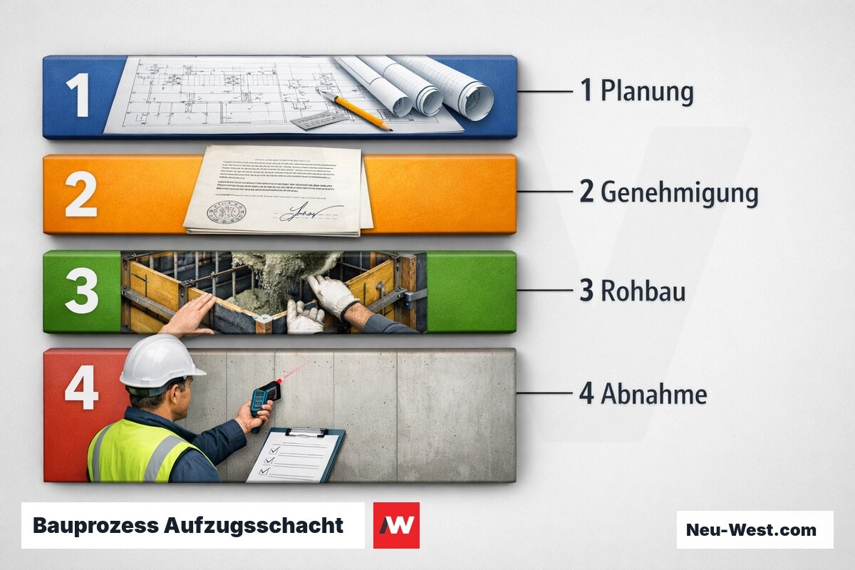 Bauprozess Aufzugsschacht: 4 Phasen bis zur Abnahme nach BetrSichV – Erklär-Grafik (NEUWEST Berlin)