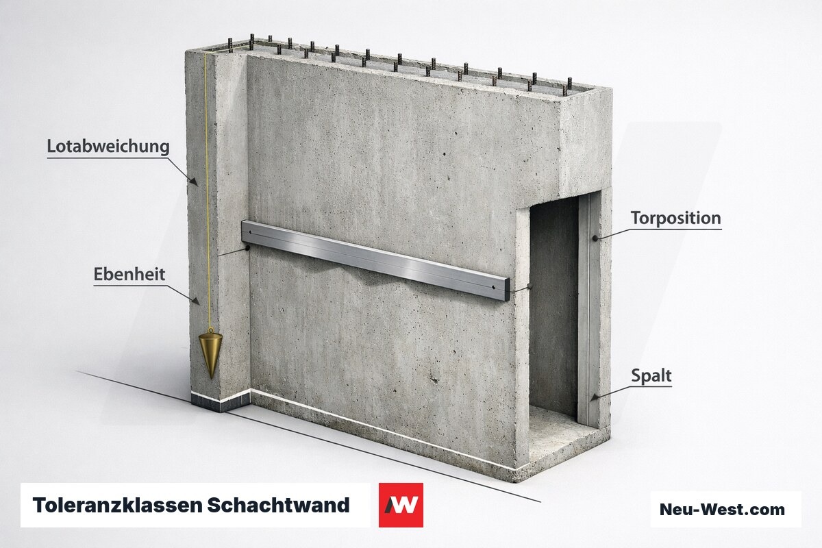 Toleranzklassen Schachtwand: Lotabweichung, Ebenheit, Torposition nach EN 81-20 – Erklär-Grafik (NEUWEST Berlin)