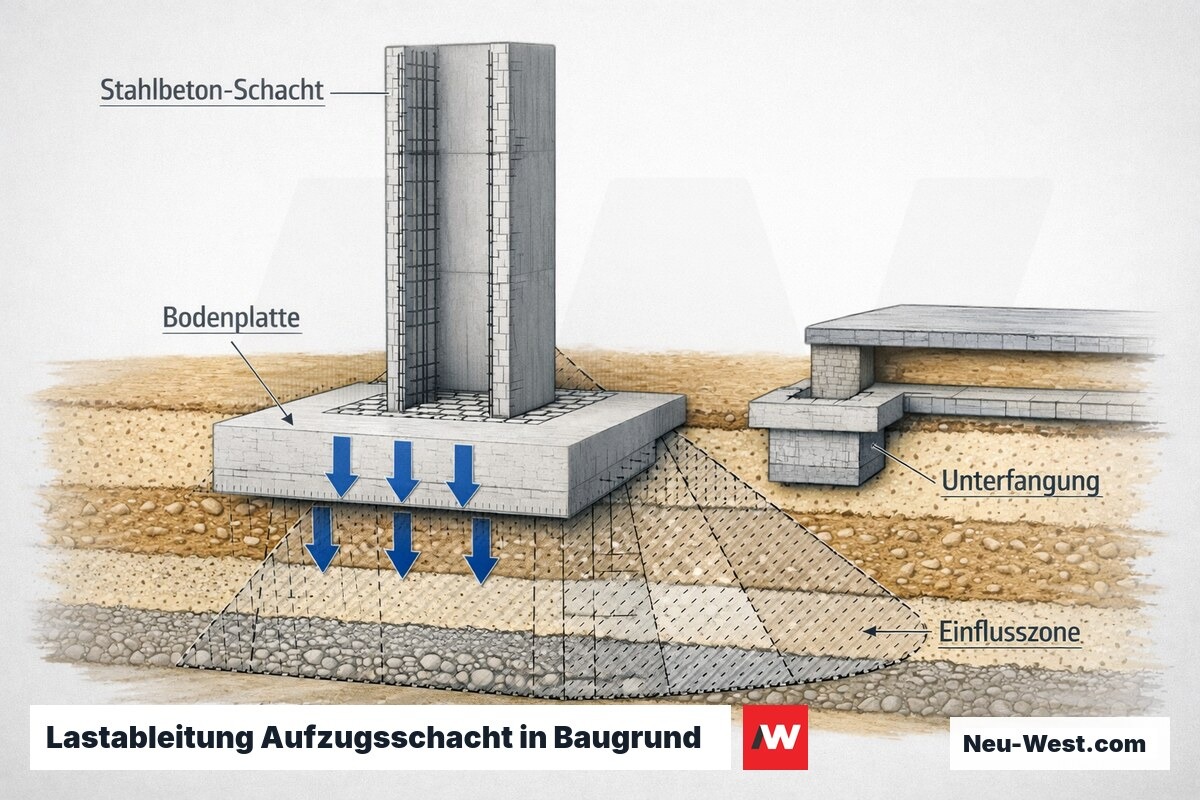 Querschnitt eines Stahlbeton-Aufzugsschachts mit Bodenplatte, Bodenschichten, Einflusszone und Unterfangung des Nachbarfundaments.