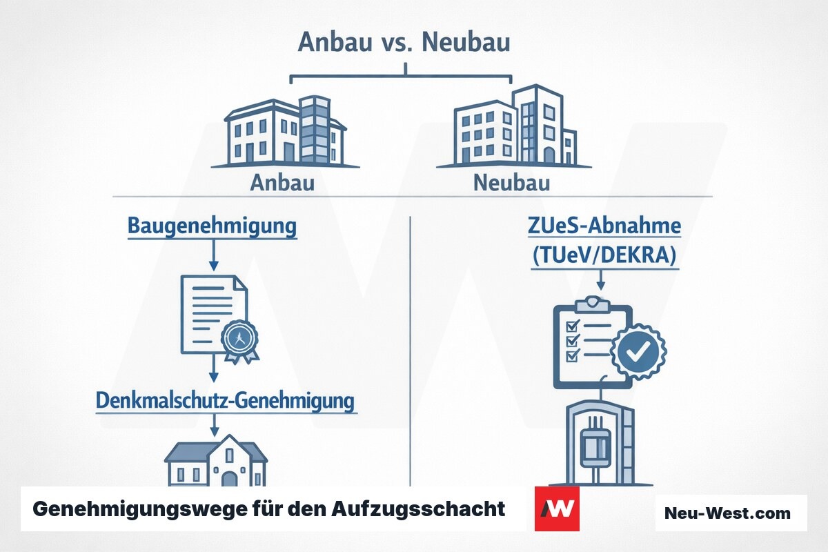 Ablaufdiagramm der parallelen Genehmigungswege in Berlin: Baugenehmigung, Denkmalschutz, ZÜS-Abnahme sowie Fallunterscheidung Anbau und Neubau.