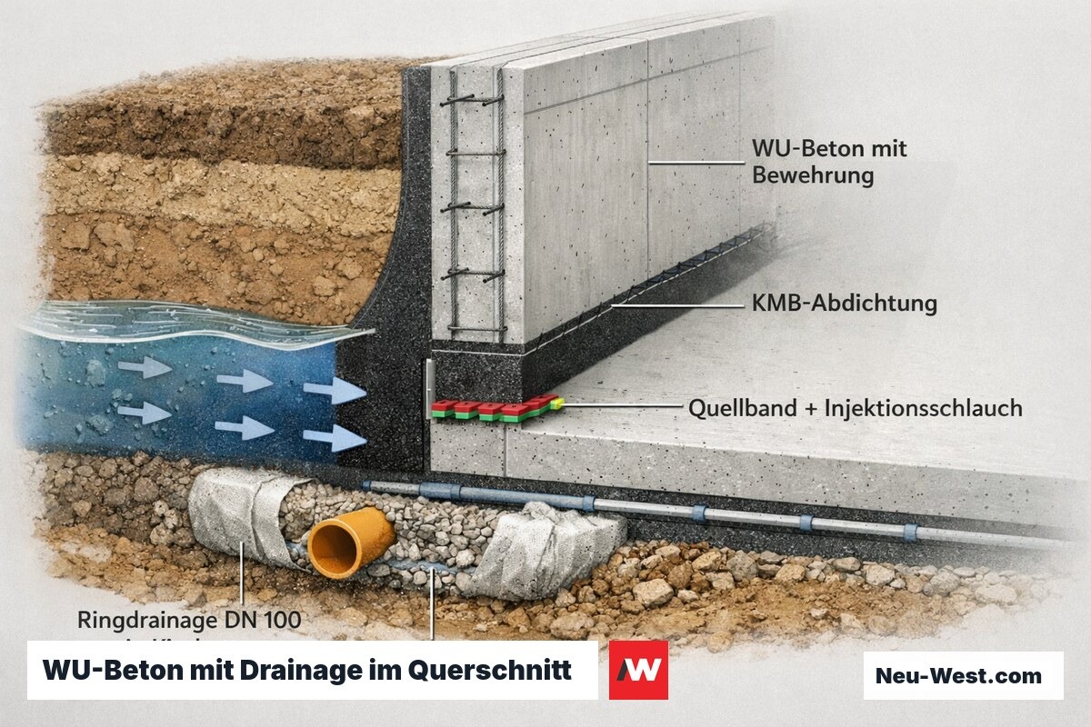Querschnitt einer WU-Beton-Kellerwand mit Ringdrainage, Kiesschicht, KMB-Abdichtung und abgedichteter Arbeitsfuge bei hohem Grundwasser.
