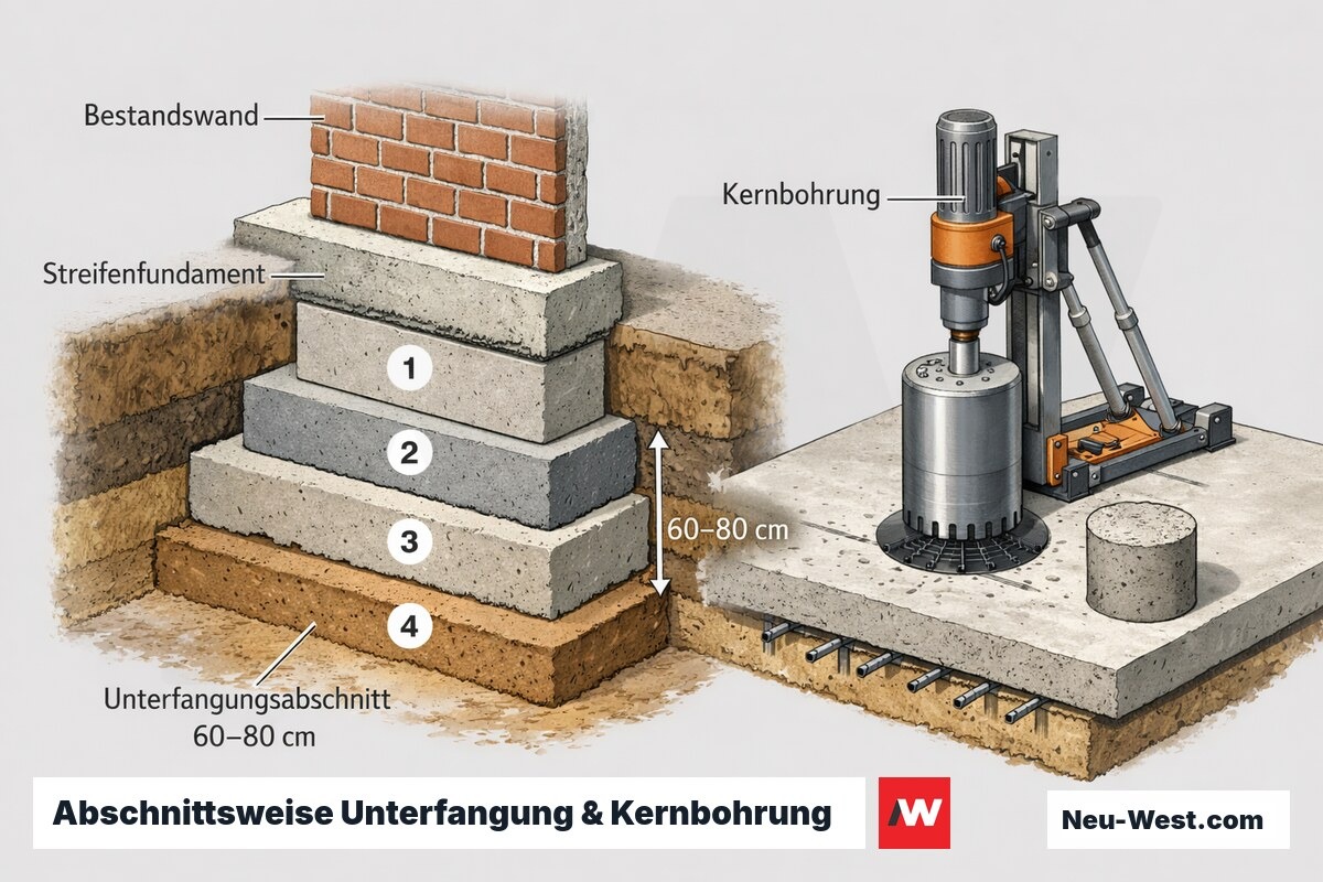 Querschnitt: Streifenfundament wird abschnittsweise unterfangen, daneben Kernbohrung durch Bestandsdecke am neuen Aufzugsschacht.