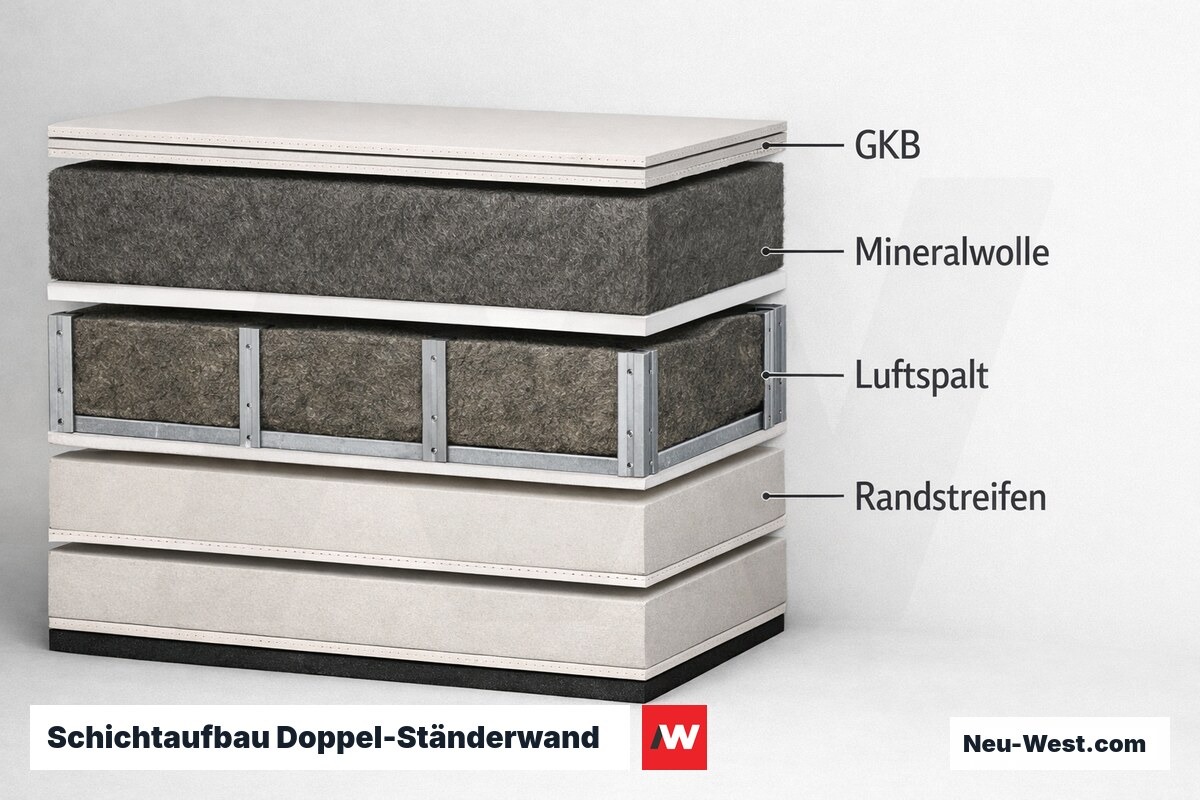 Schichtaufbau Doppel-Ständerwand für erhöhten Schallschutz – Erklär-Grafik (NEUWEST Berlin)
